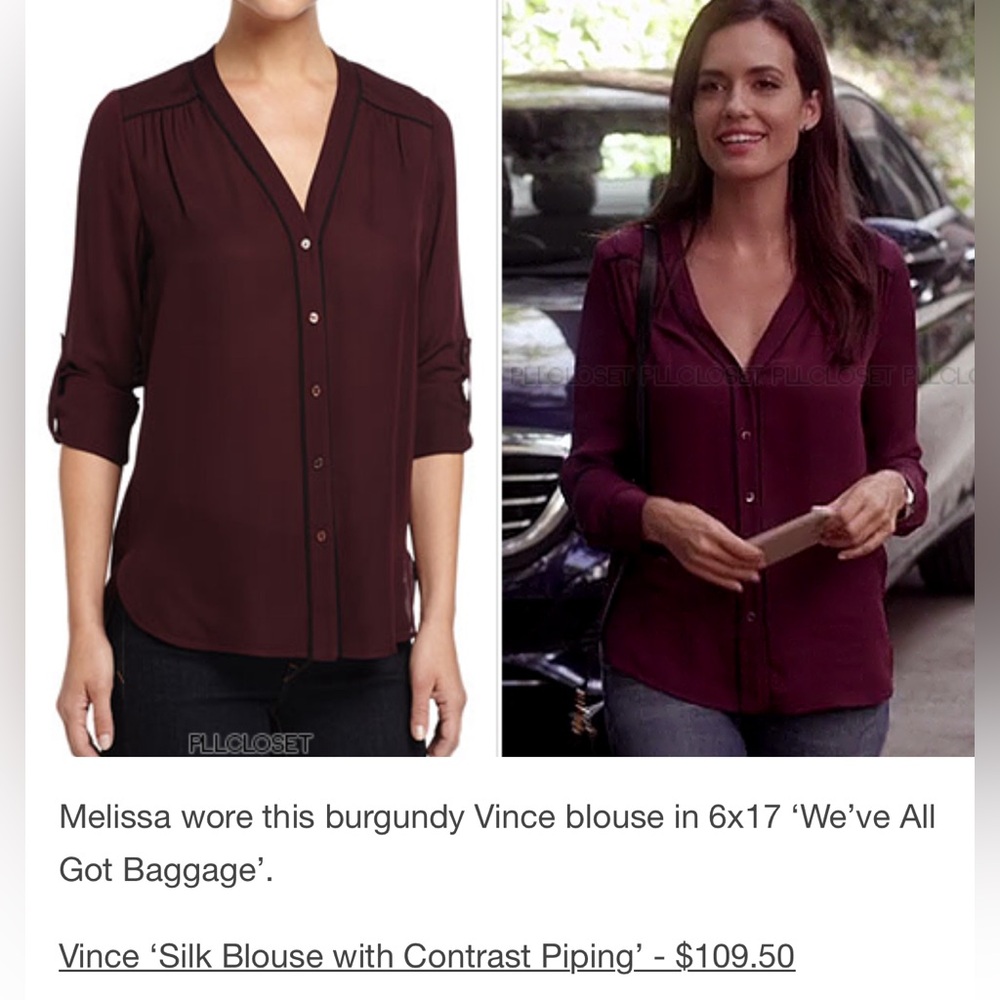 VINCE. Long Sleeve Button Front Sheer Silk Blouse Burgundy